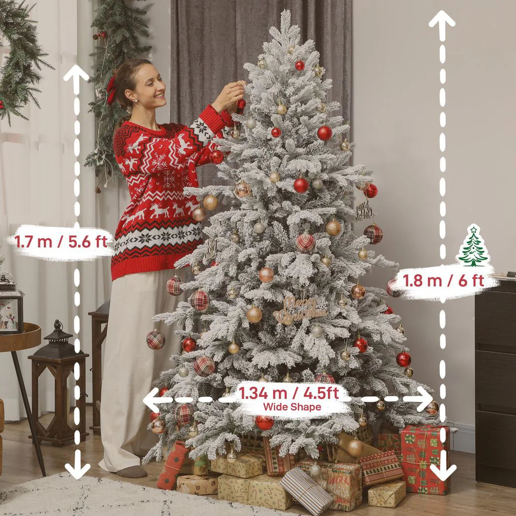 HOMCOM 6ft Snow Flocked Artificial Christmas Tree with 1528 Branch Tips, Foldable Metal Base – Festive Home Decor