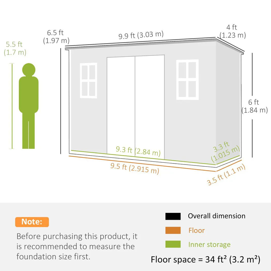 Outsunny 10 x 4ft Resin Garden Shed with Floor, Windows & Lockable Double Doors – Outdoor Storage, Grey