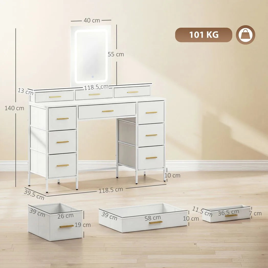 HOMCOM Dressing Table with LED Mirror and 10 Fabric Drawers – Makeup Vanity with Adjustable Lighting, White