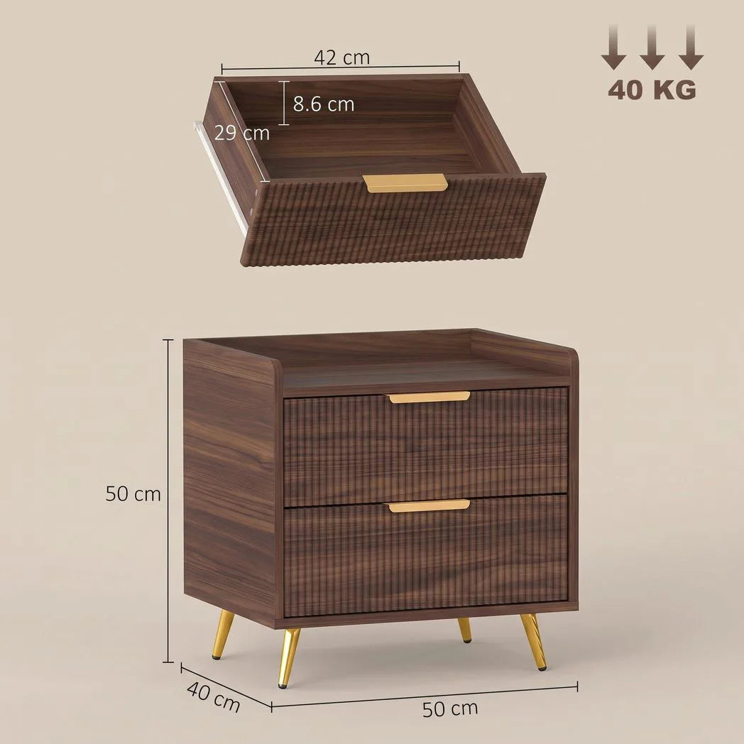 HOMCOM Two-Drawer Bedside Table with Gold-Tone Handles and Anti-Tipping Straps – Nightstand, Walnut Brown