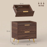 HOMCOM Two-Drawer Bedside Table with Gold-Tone Handles and Anti-Tipping Straps – Nightstand, Walnut Brown