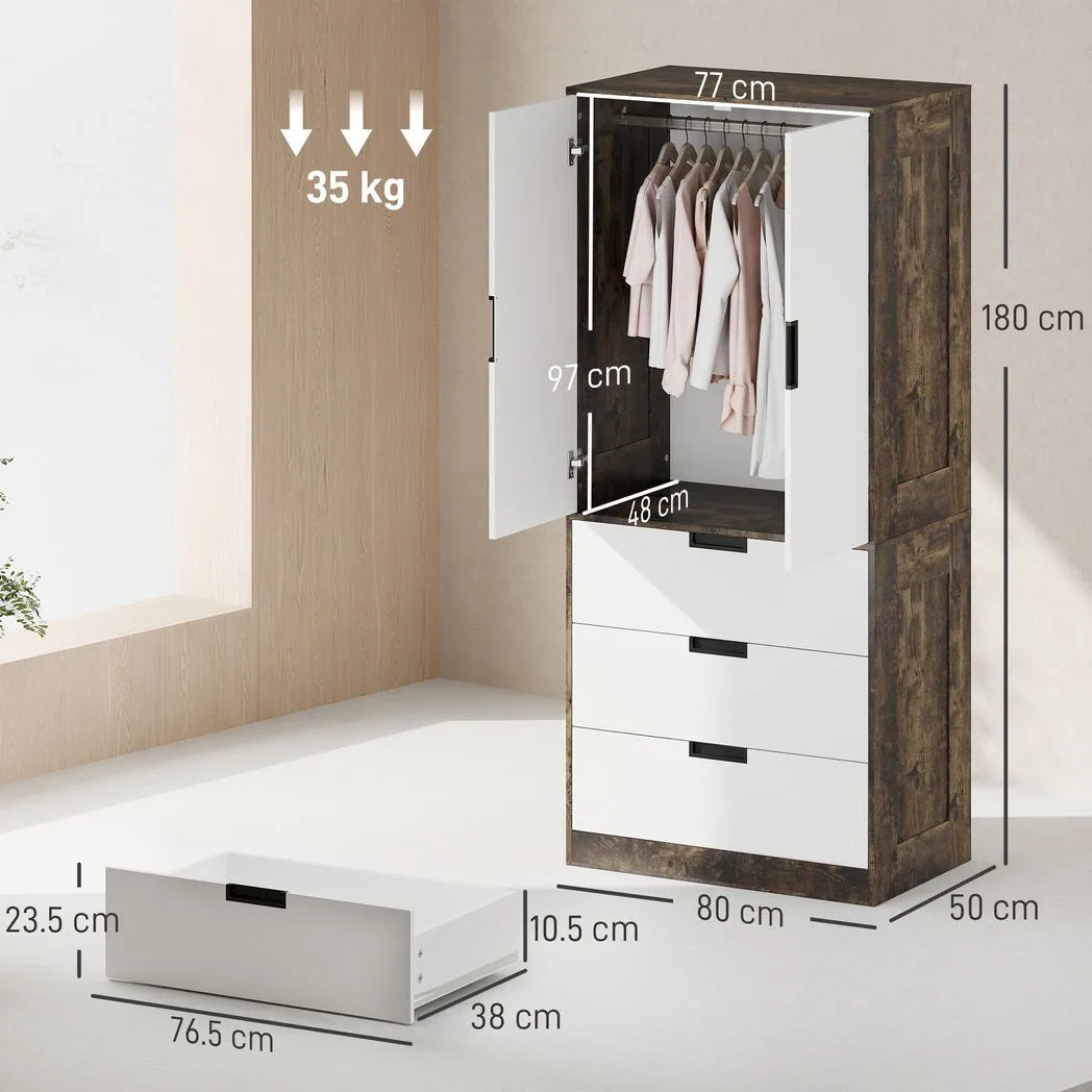 HOMCOM Wardrobe with 3 Drawers, 2 Soft-Close Doors & Hanging Rail – Space-Saving Storage, Rustic Brown