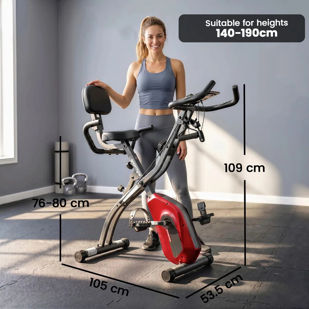 SPORTNOW 4-in-1 Folding Exercise Bike with Resistance Bands, 8-Level Magnetic Resistance & Bluetooth App, Red