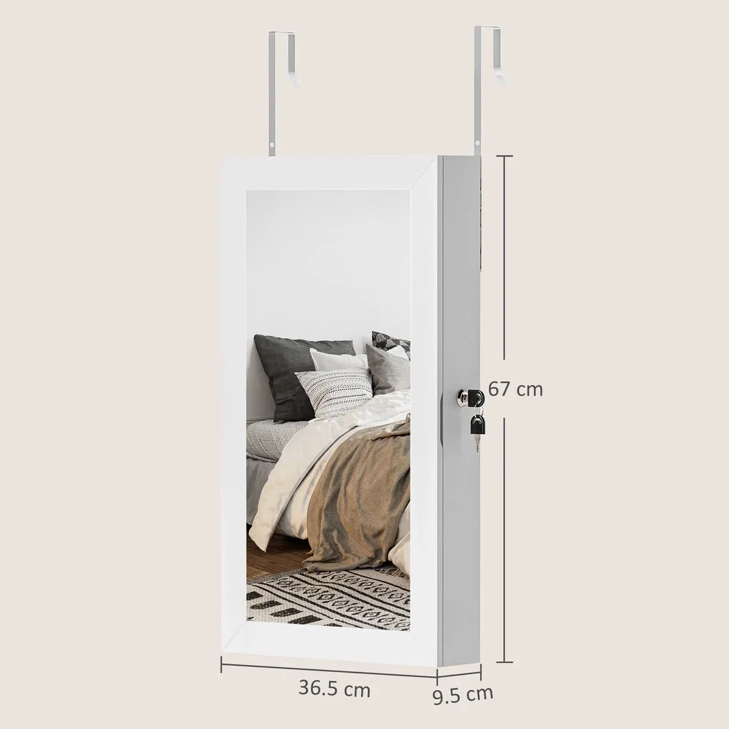 HOMCOM Wall-Mounted Jewellery Cabinet with Mirror, Lockable Storage with 80 Earring Slots and Hooks, White