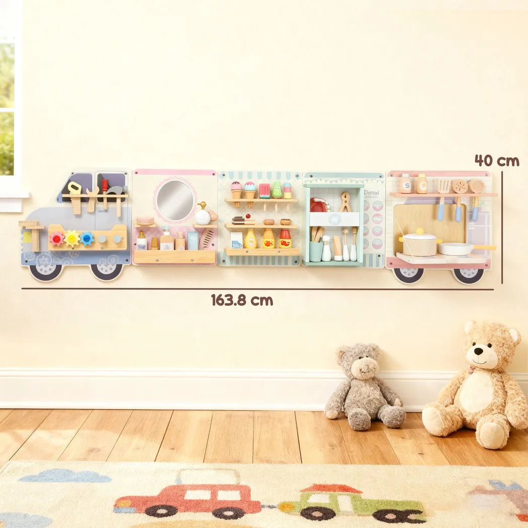 AIYAPLAY Wooden Busy Board with 5 Role Play Scenes – Wall Mounted Activity Panels for Kids, Truck Design