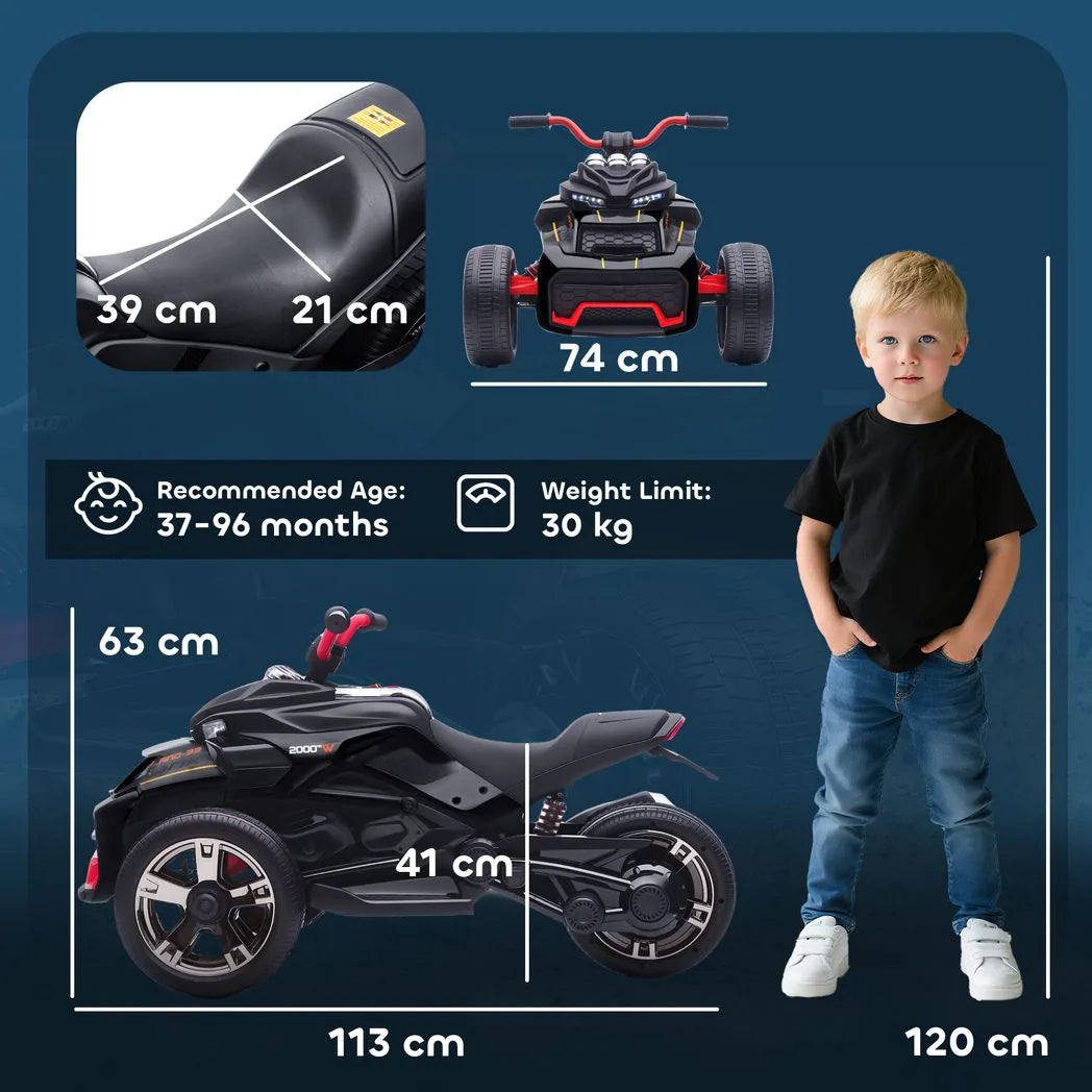 AIYAPLAY 12V Kids Electric Ride-On Quad Bike with MP3 Player, Horn and LED Lights – Reverse Trike for Ages 3-8, Black