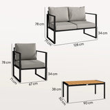 Outsunny 4 Piece Garden Furniture Set with Loveseat, 2 Armchairs and Slatted Coffee Table – Cushioned Patio Set