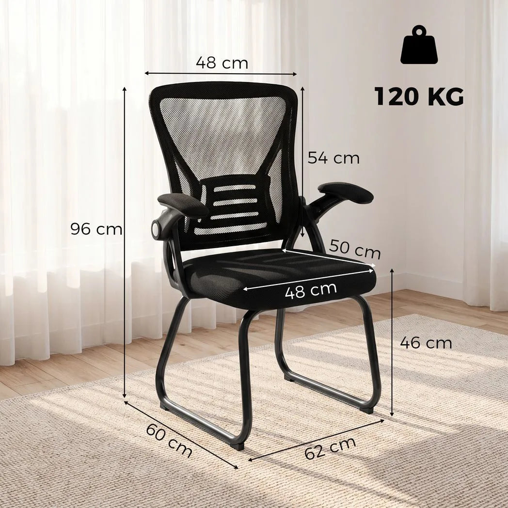 HOMCOM Reception Chair with Mesh Backrest and Flip-Up Armrests – Wheelless Office Chair, Steel Legs, Black
