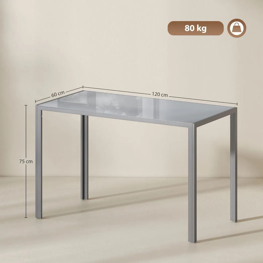 HOMCOM 120cm Dining Table with Tempered Glass Top and Powder-Coated Steel Legs – 4 Seater Kitchen Table, Grey