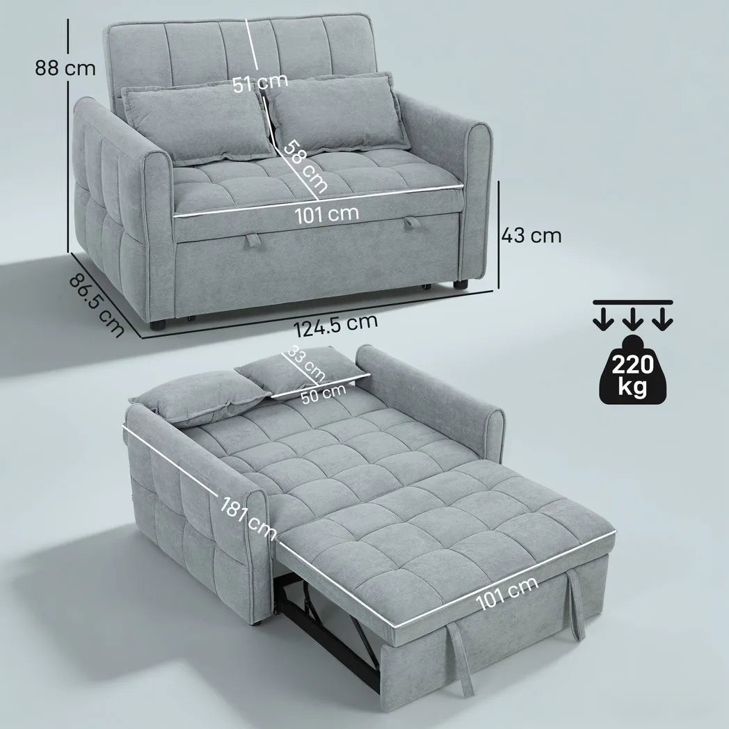 HOMCOM 2 Seater 3-in-1 Sofa Bed with Click-Clack Backrest and 2 Pillows – Convertible Sleeper Sofa, Grey