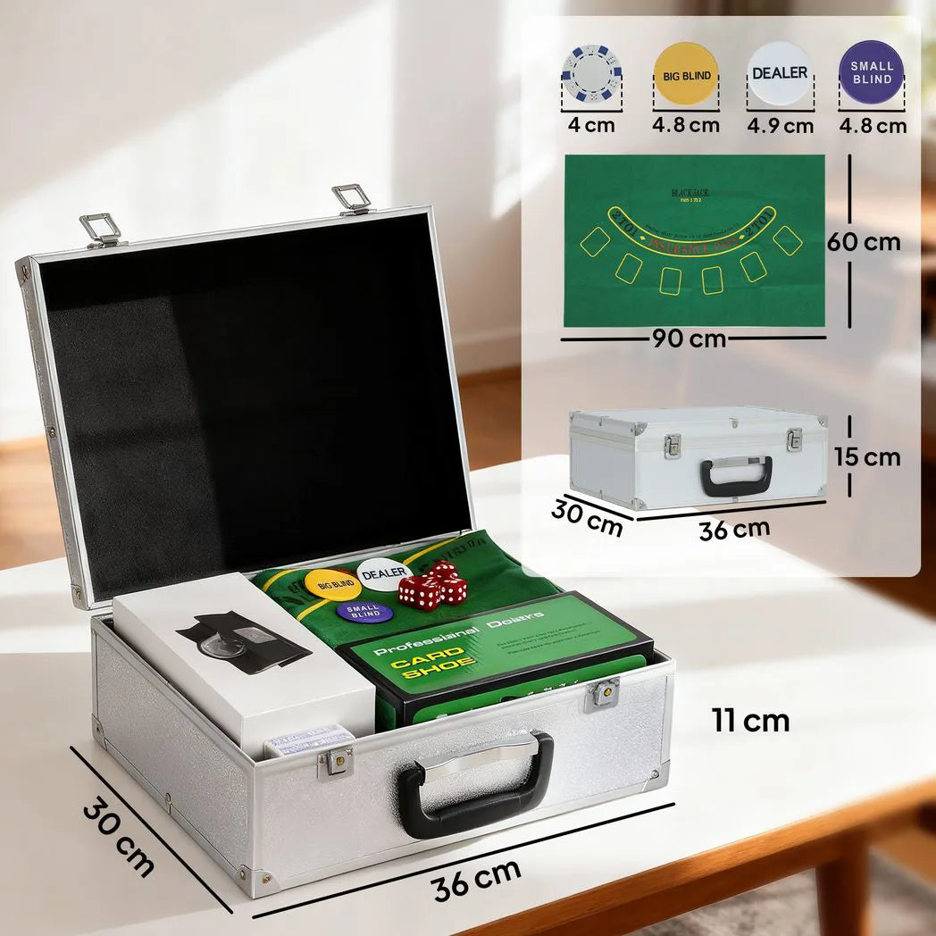 SPORTNOW 300-Piece Poker Chip Set with Card Shuffler, Card Shoe, Mat & Case – Texas Hold'em Set, Silver Tone