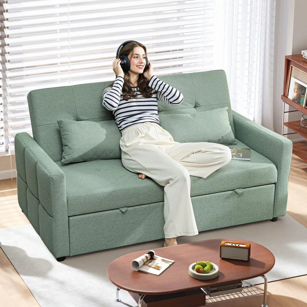 HOMCOM 2 Seater Sofa Bed with Three-Position Back & 2 Pillows – Pull-Out Guest Bed, Green Linen-Look