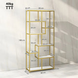 HOMCOM Seven-Tier Geometric Bookcase with Metal Frame – Asymmetrical Display Shelf, White/Gold Tone