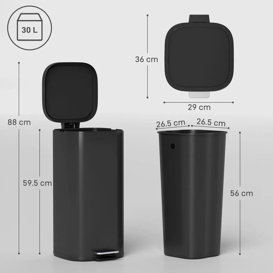 HOMCOM 30L Compact Kitchen Pedal Bin with Soft-Close and Stay-Open Lid – Removable Bucket, Black