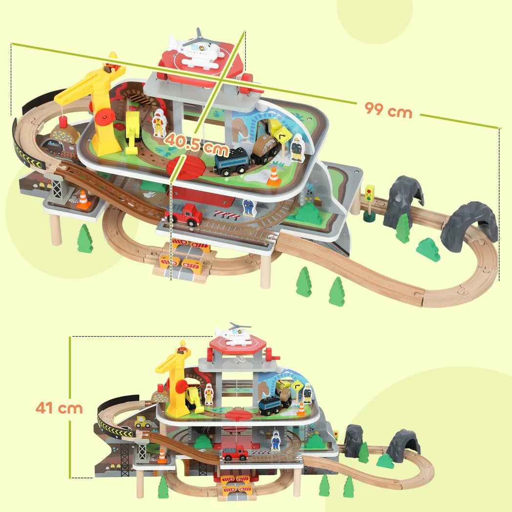 AIYAPLAY 79 Piece Wooden Train Set with Crane, Lift and Helipad – Mine-Themed Kids Train Track Toy