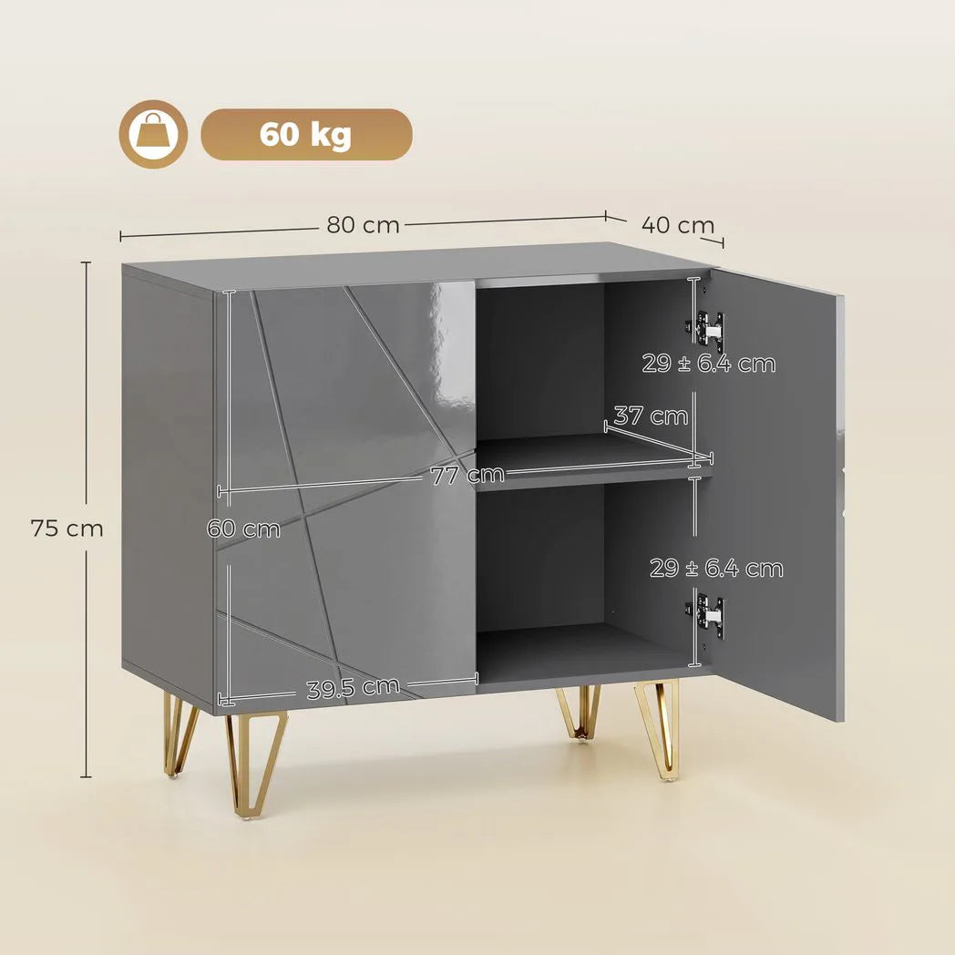 HOMCOM Modern Luxe High Gloss Sideboard with Hairpin Legs, Two Shelves – Kitchen Storage Cabinet, Grey