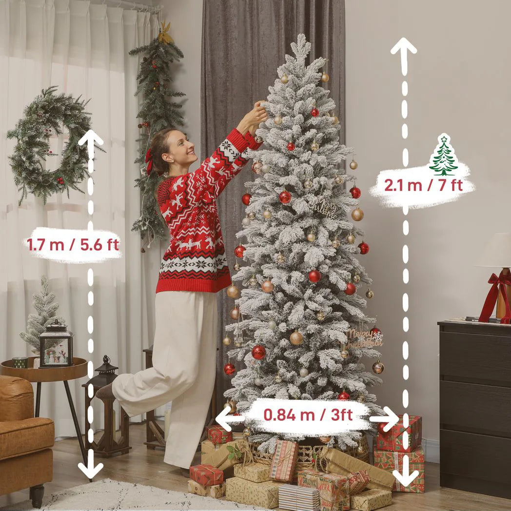 HOMCOM 7ft Flocked Artificial Christmas Tree with 972 Branches – Slim Snowy Tree, Flame-Retardant
