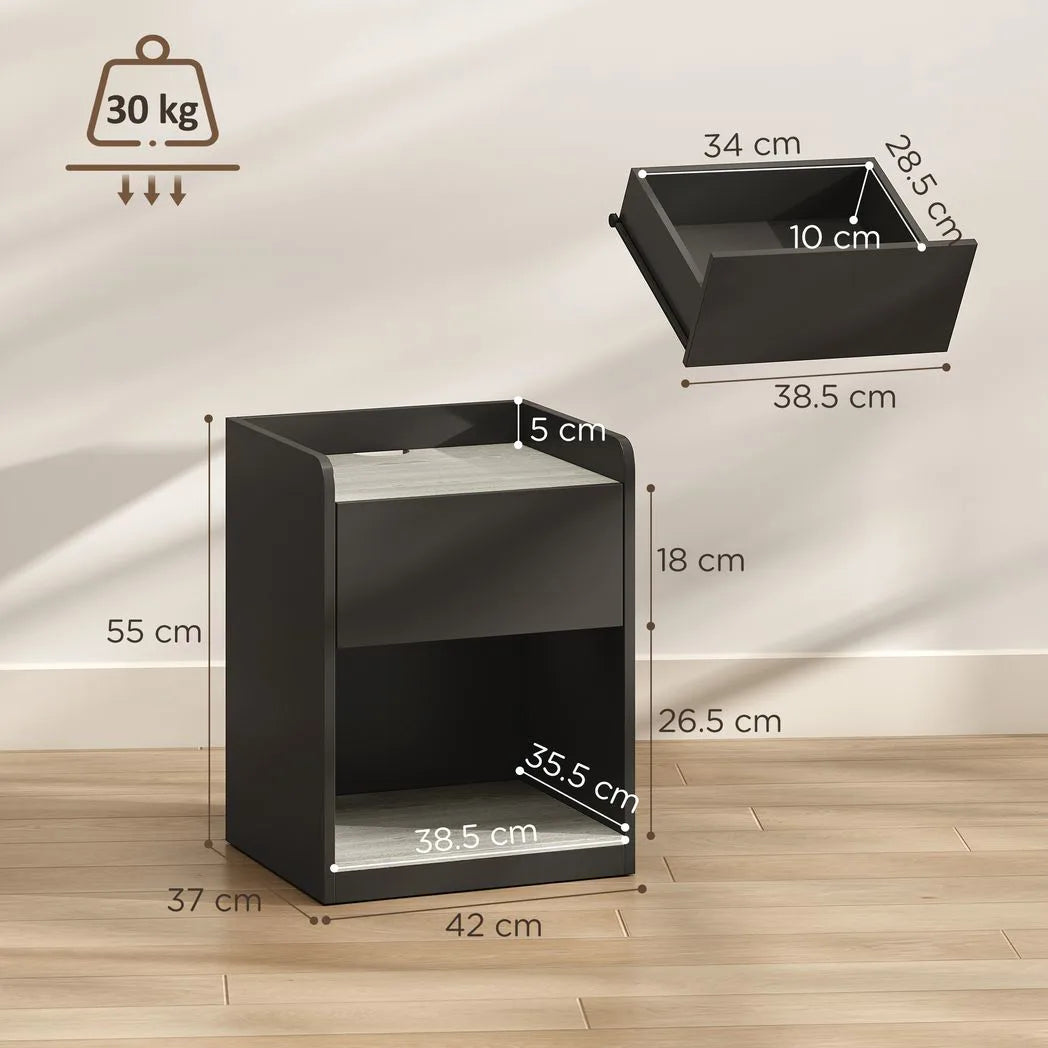 HOMCOM Modern Slim Bedside Table with Drawer, Shelf & Cable Holes – Nightstand, Black and Grey Wood Effect