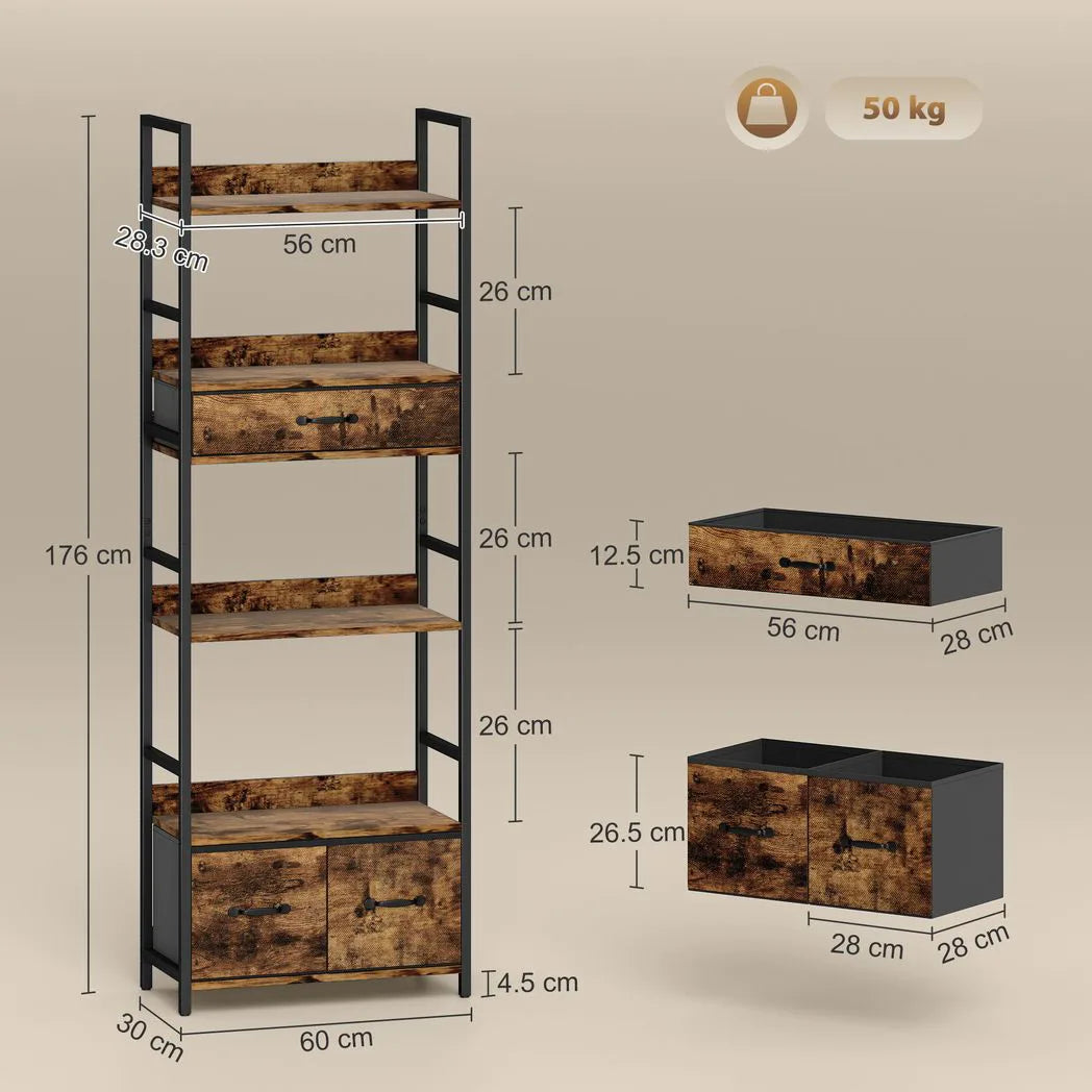 HOMCOM Industrial Bookcase with 4 Open Shelves & 3 Fabric Drawers – Slim 176cm Storage Shelf, Brown/Black