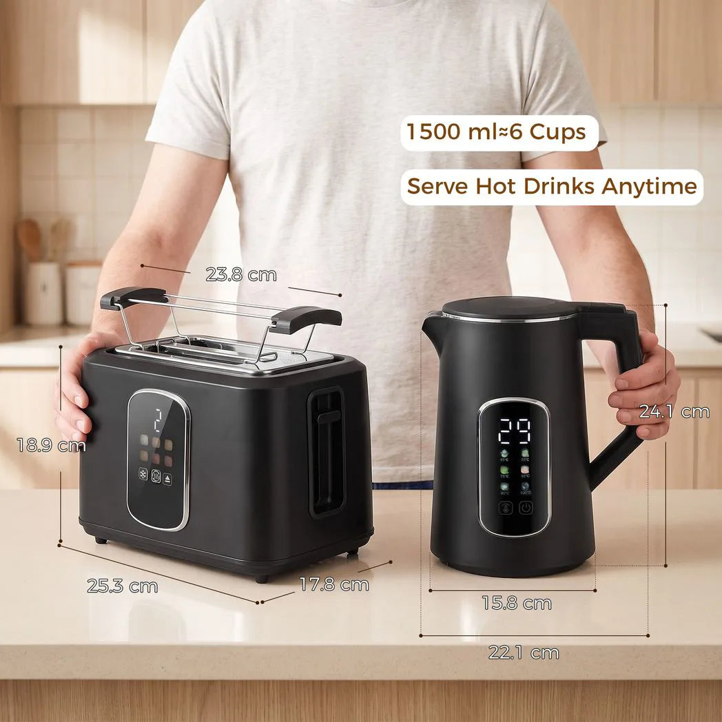 HOMCOM Kettle and Toaster Set with LED Touch Screen – Strix Kettle and 2-Slice Toaster, Black