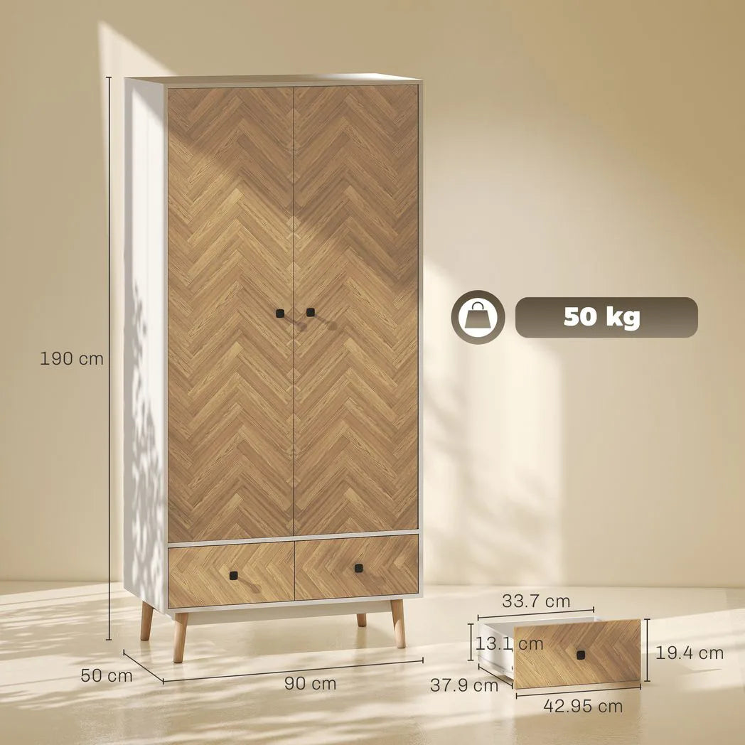 HOMCOM Modern Wardrobe with 2 Hanging Rods, 2 Shelves and 2 Drawers – Wood-Effect Bedroom Storage, White