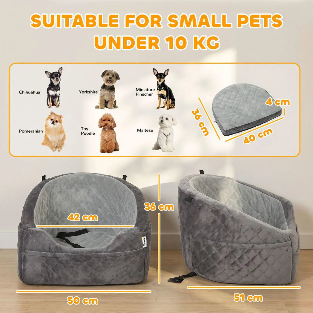 PawHut Dog Car Booster Seat with Thick Cushion, Seat Belt and Pockets – Small Dogs Under 10 kg, Grey