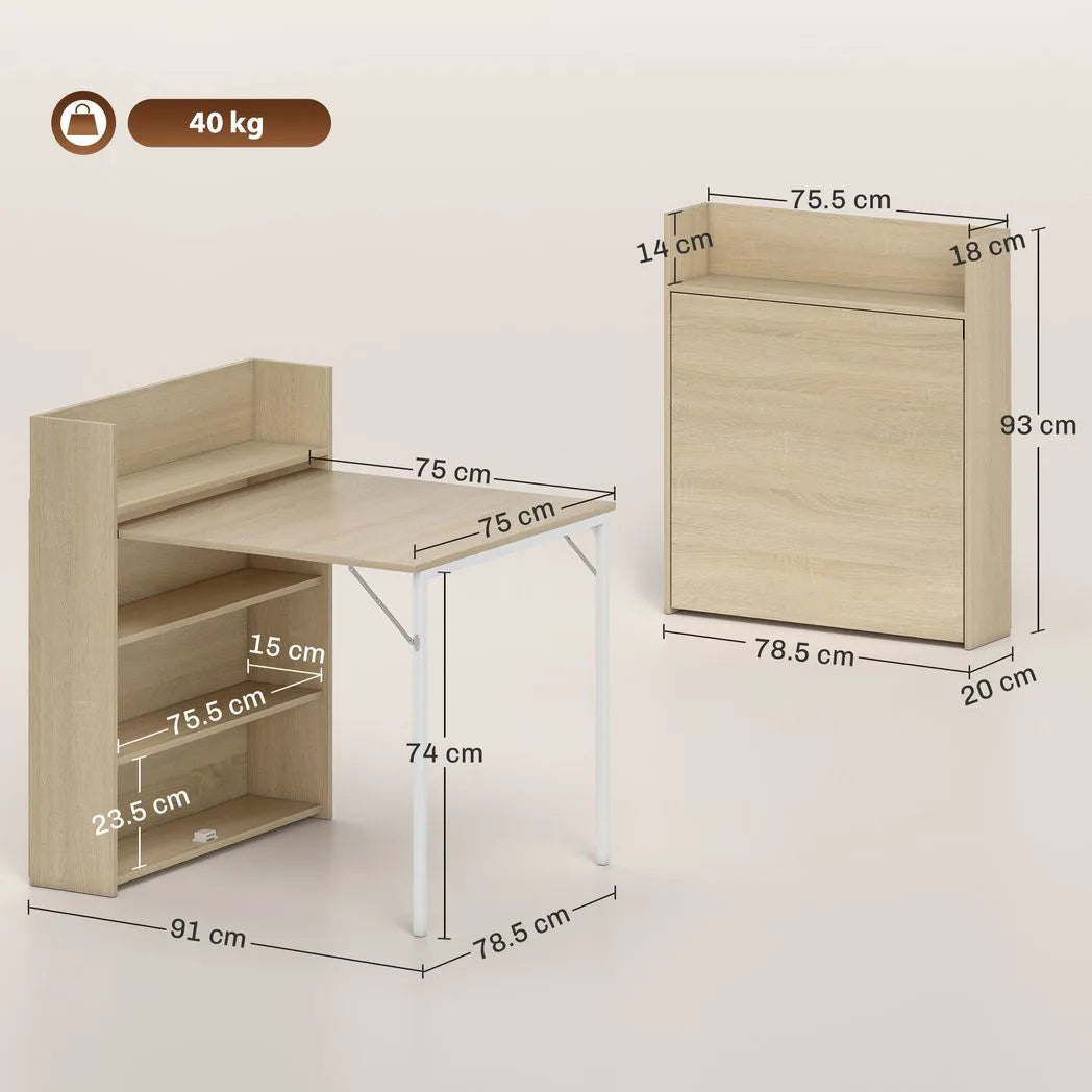 HOMCOM Folding Kitchen Table with Drop-Leaf and 3 Shelves – Space-Saving Dining Table, Oak Effect