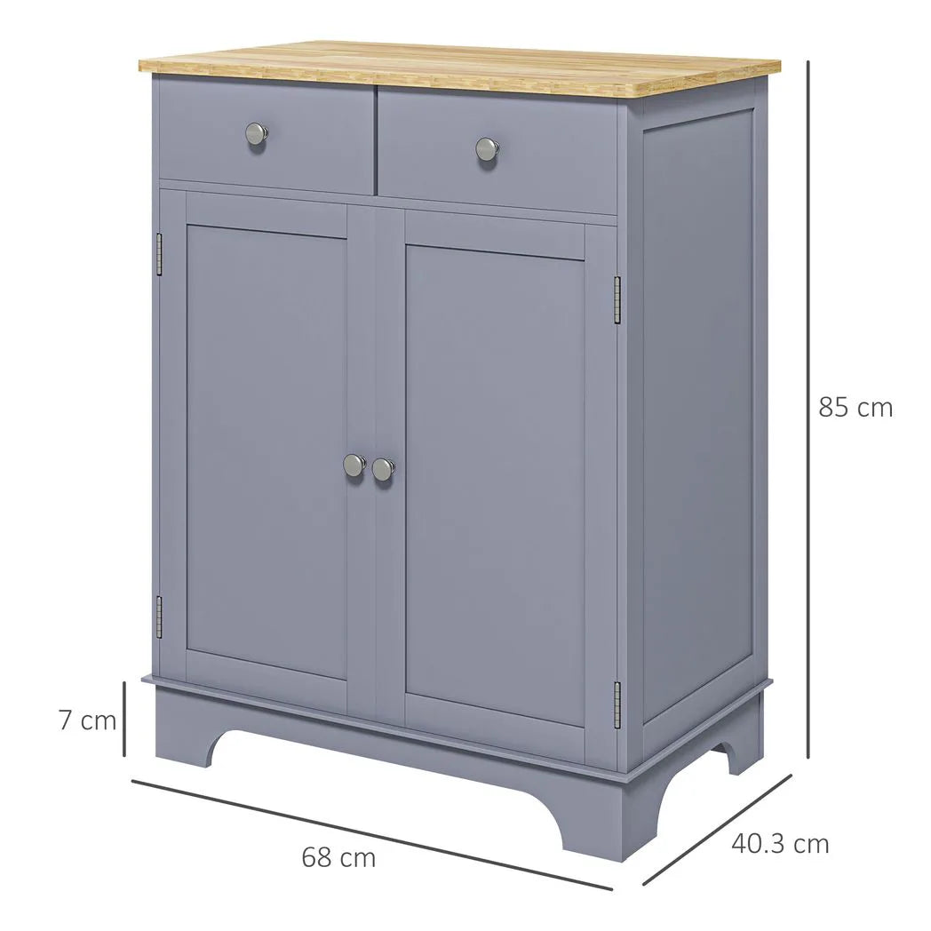 HOMCOM Kitchen Sideboard with Solid Wood Top, Adjustable Shelf & Drawers – Floor Storage Cabinet, Grey