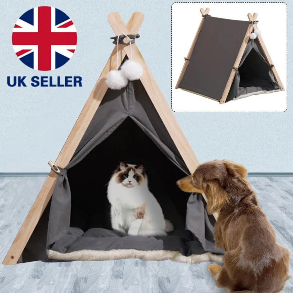 Large Pet Teepee Bed with Cushion – Canvas and Pine Igloo Play Tent for Dogs, Puppies and Cats, Grey