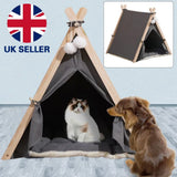 Large Pet Teepee Bed with Cushion – Canvas and Pine Igloo Play Tent for Dogs, Puppies and Cats, Grey