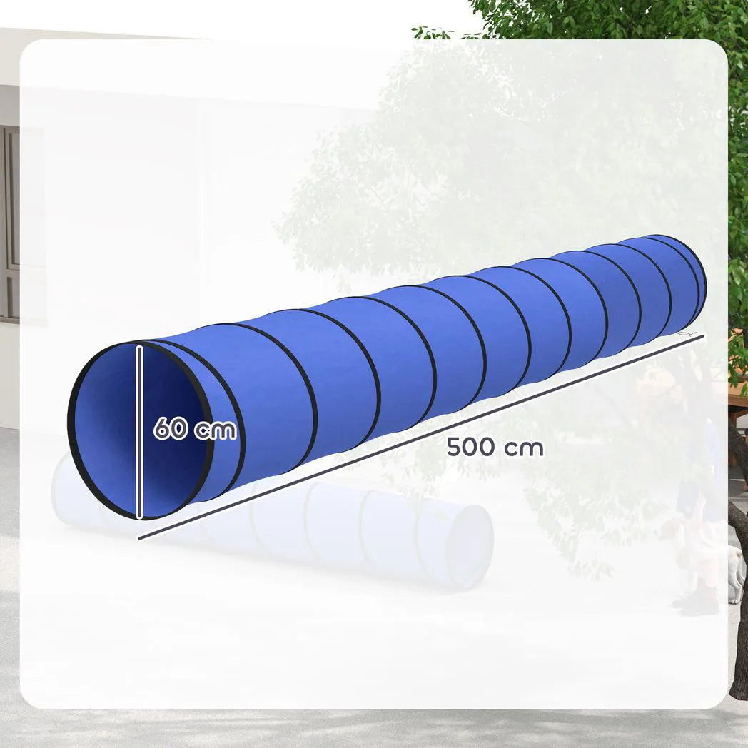 PawHut 500 x 60 cm Dog Agility Tunnel with 6 Pegs and Bag – Foldable, Tear-Resistant Garden Play, Blue