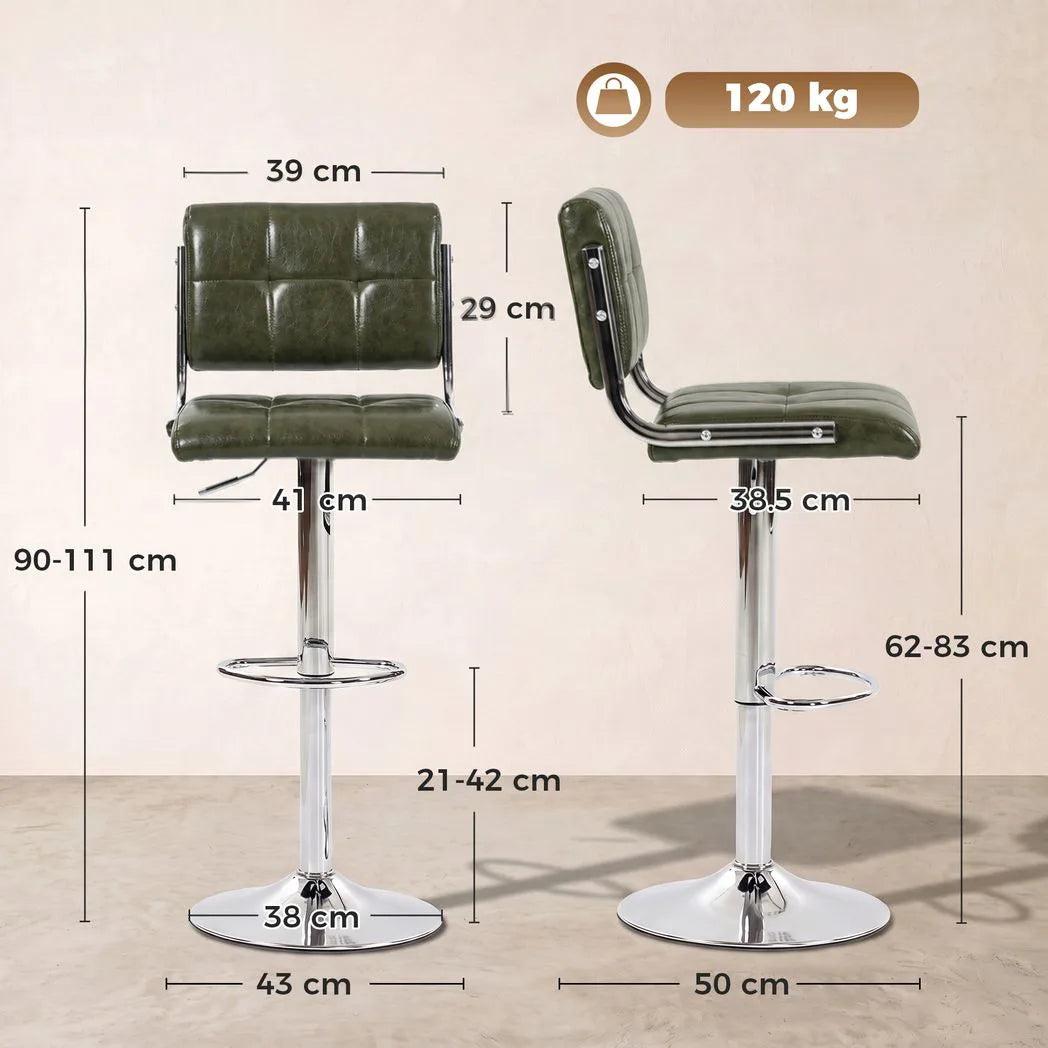HOMCOM Set of 2 Swivel Bar Stools, Adjustable Height PU Leather – Kitchen Breakfast Bar Seating, Green
