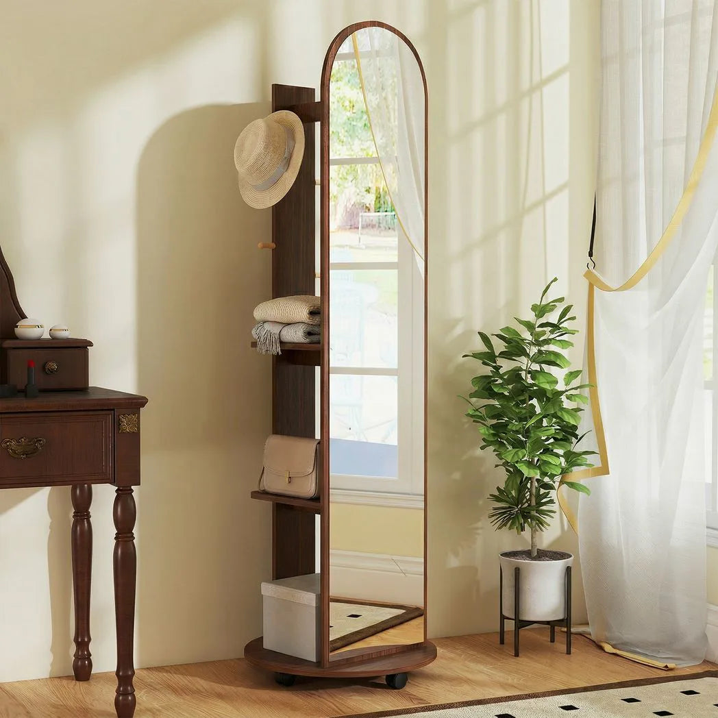 HOMCOM 2-in-1 Full Length Mirror with Storage Shelves, Floor Mirror with 4 Wheels, Coat Rack, Hooks
