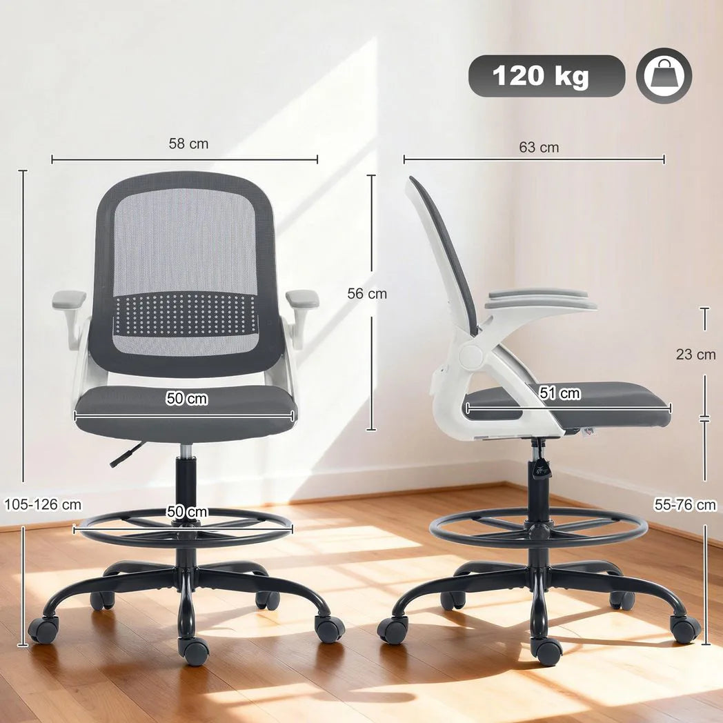 HOMCOM Painting Chair with Mesh Back, Adjustable Footrest & Flip-up Armrests – Sit-Stand Desk Chair, Grey