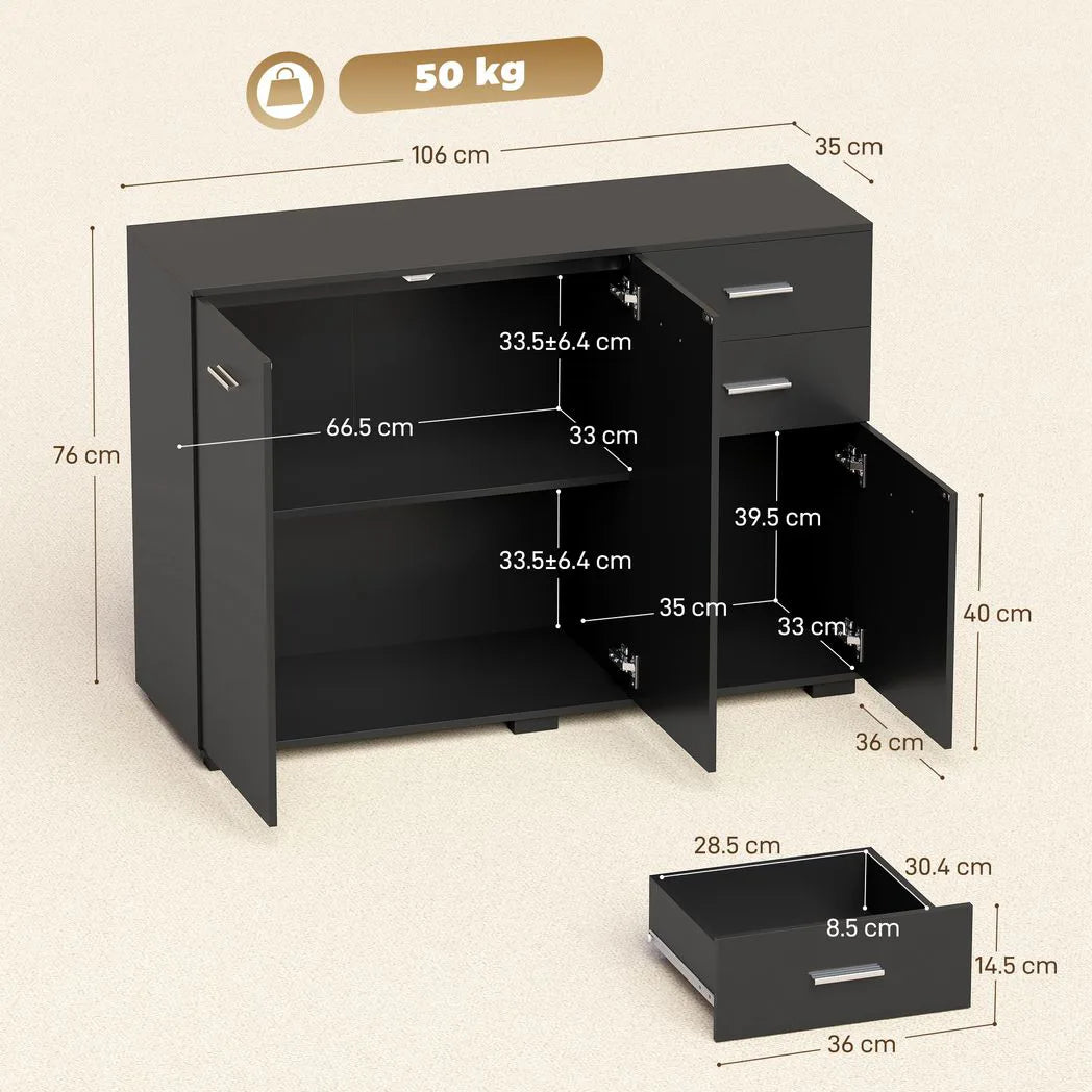 HOMCOM Modern Sideboard with 2 Drawers, 3 Doors and Adjustable Shelves – Kitchen and Dining Storage Cabinet, Black
