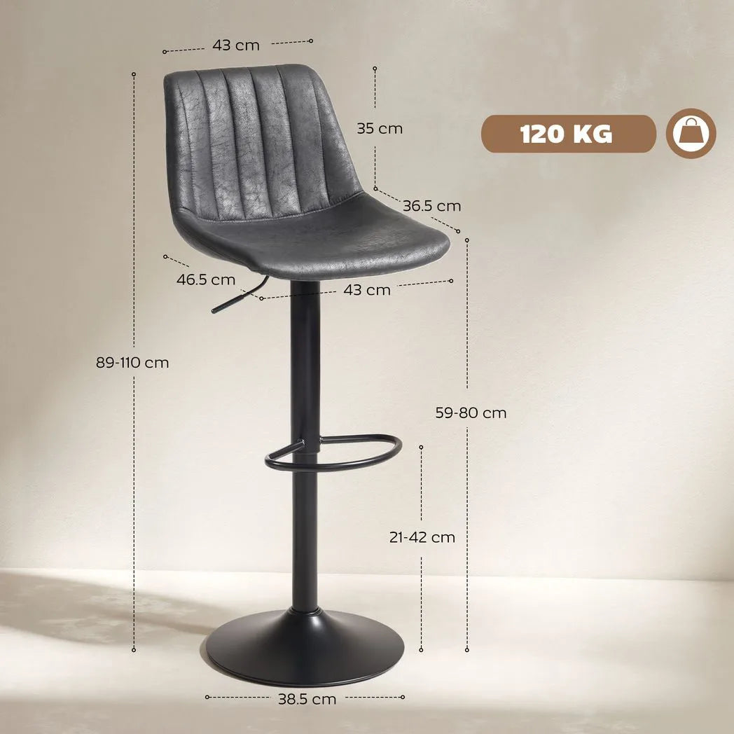 HOMCOM Set of 2 Height Adjustable Swivel Bar Stools with Footrest – Leathaire Kitchen Island Stools, Charcoal Grey