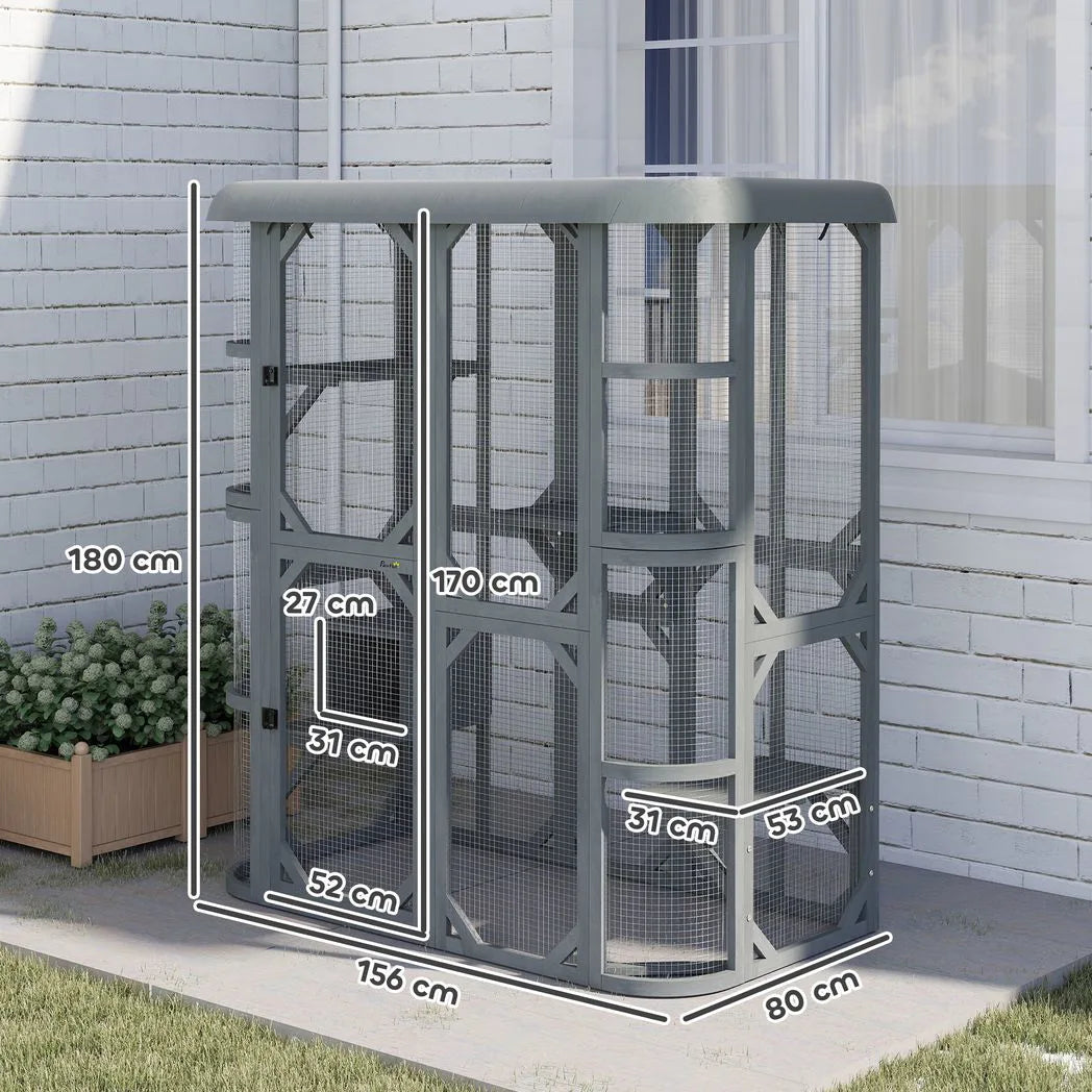 PawHut Outdoor Catio Cat Enclosure with Platforms, Condo and Waterproof Cover – Wooden, Grey