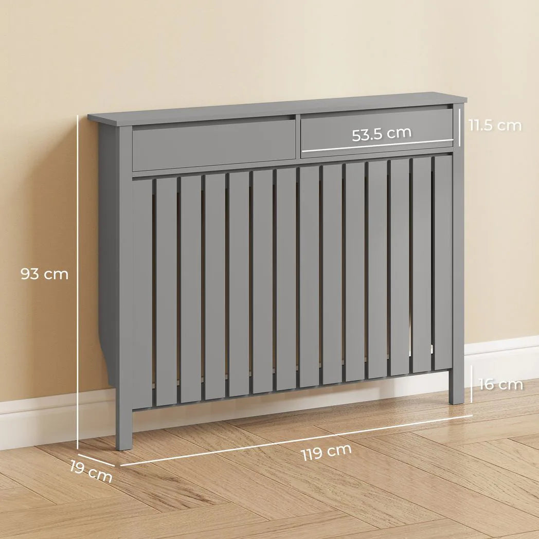 HOMCOM Modern Radiator Cover with Top Drawers and Vertical Slats, 93 x 119cm – Slimline Heater Cabinet, Grey