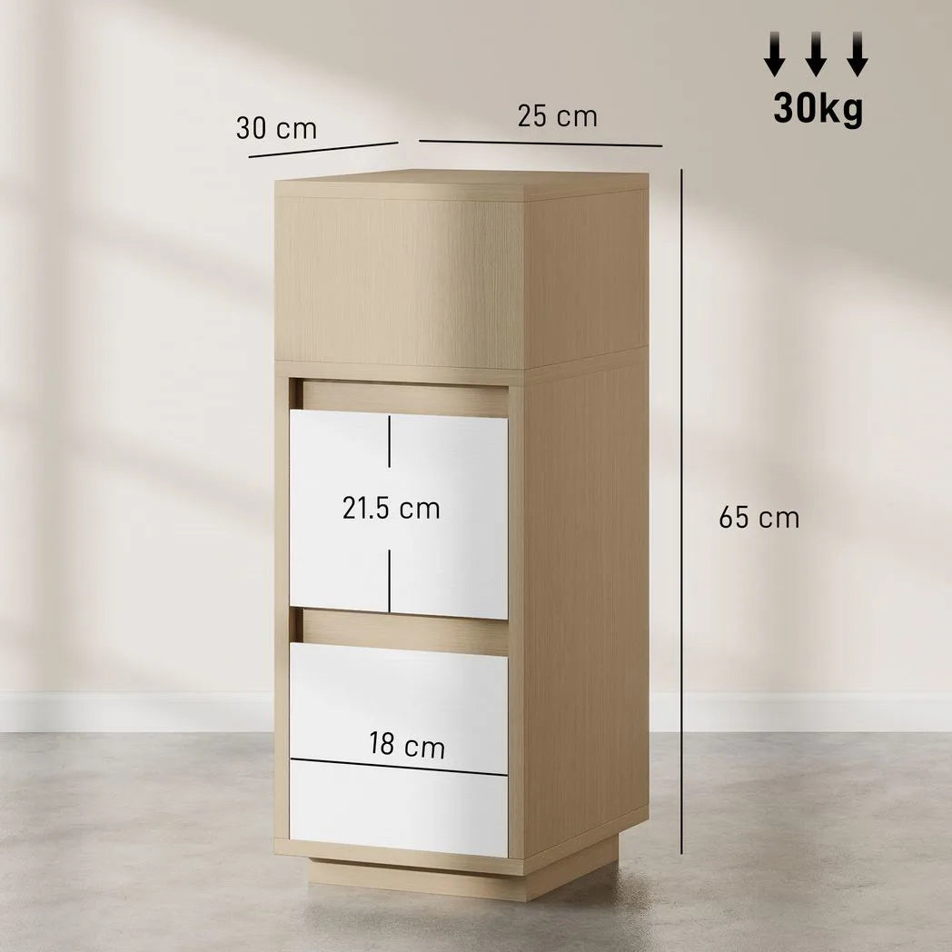 HOMCOM Slim Bedside Table with Open Shelf and 2 Drawers – Narrow Cabinet for Small Bedrooms, Natural Wood