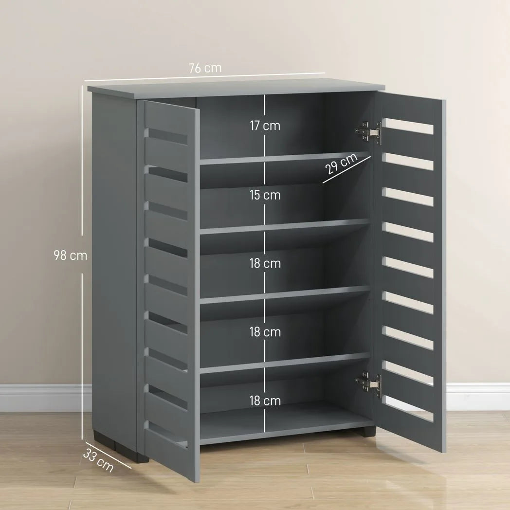 HOMCOM 5-Tier Narrow Shoe Cabinet with Slatted Doors and Adjustable Shelves – Holds 15 Pairs, Dark Grey