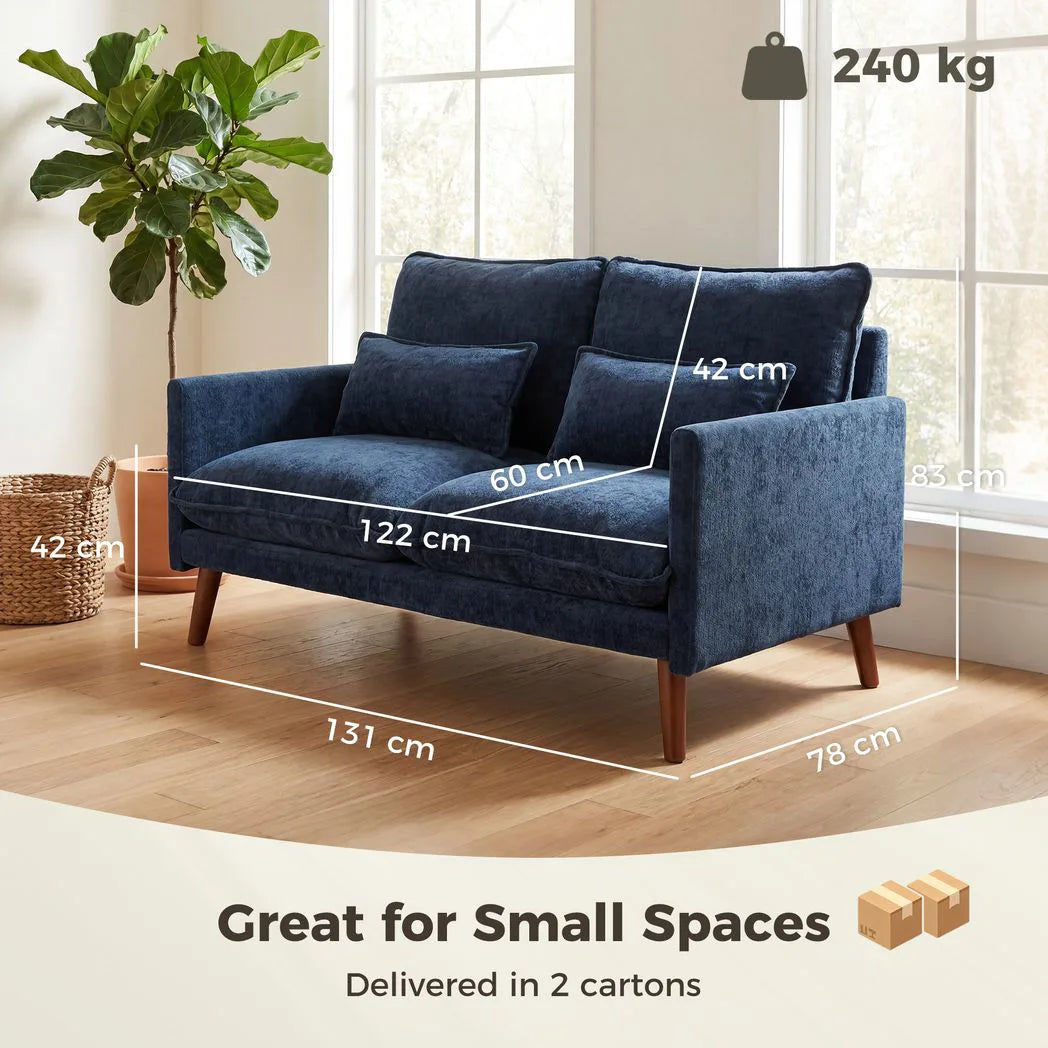 HOMCOM 2 Seater Loveseat Sofa with Pocket Spring Cushions, Wide Deep Seat & Rubberwood Legs – Velvet-Feel, Blue