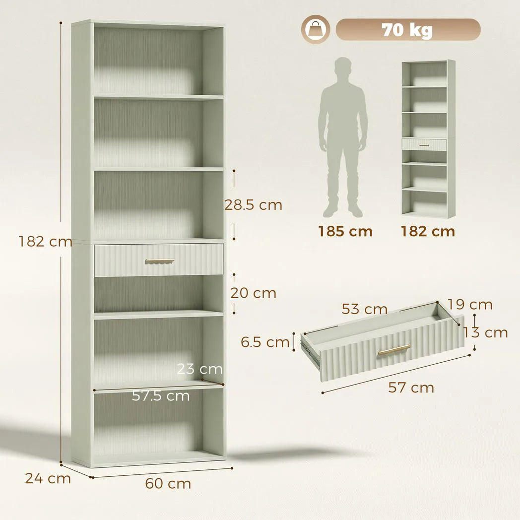 HOMCOM Narrow Tall Bookcase with Drawer and 6 Open Shelves – 182cm Space-Saving Bookshelf, Light Green