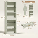 HOMCOM Narrow Tall Bookcase with Drawer and 6 Open Shelves – 182cm Space-Saving Bookshelf, Light Green
