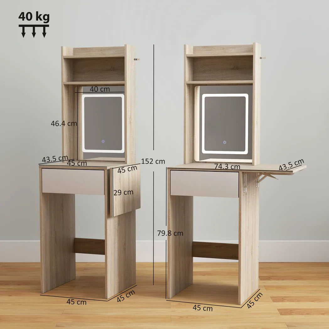 HOMCOM Small Vanity Desk with LED Mirror, Drop Leaf & Open Shelves – Compact Dressing Table, Natural Wood