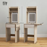 HOMCOM Small Vanity Desk with LED Mirror, Drop Leaf & Open Shelves – Compact Dressing Table, Natural Wood
