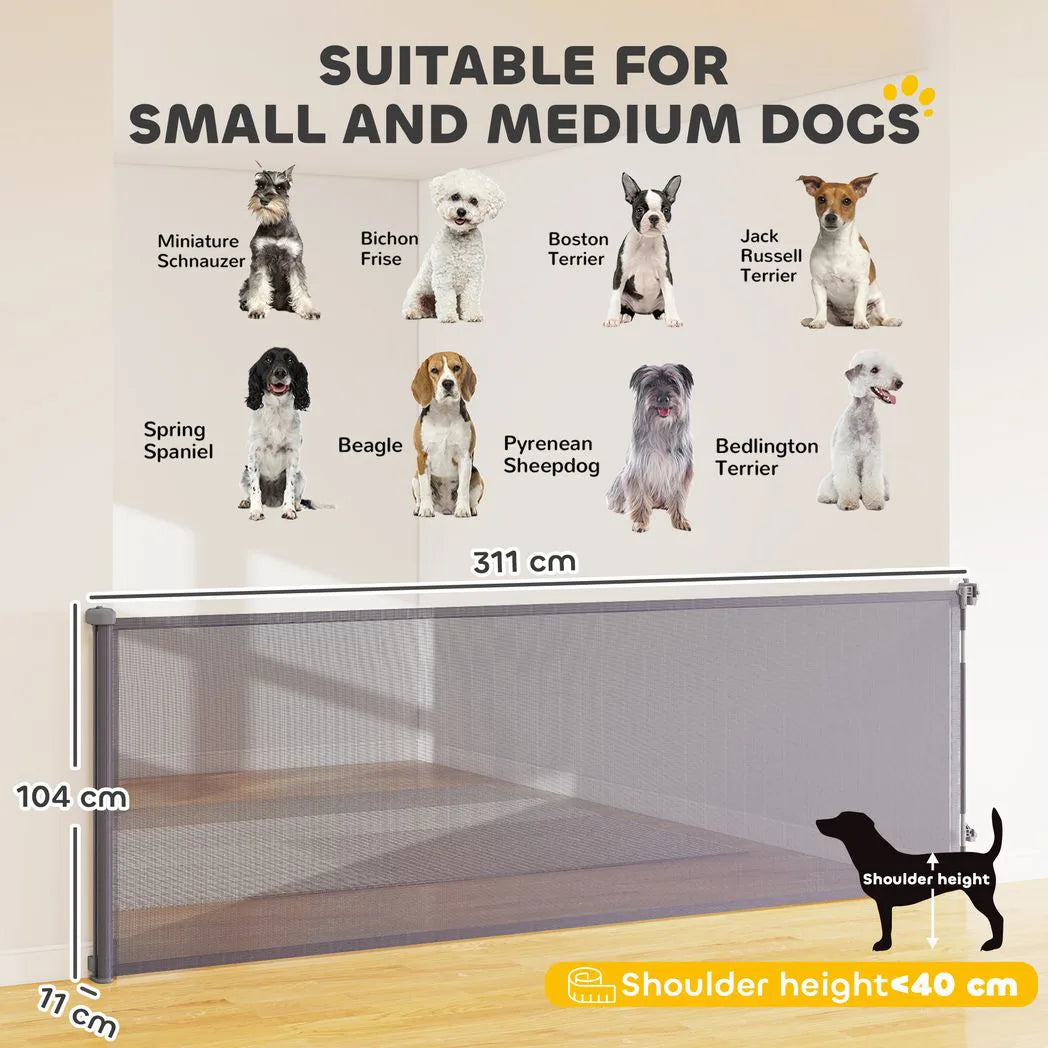 PawHut Retractable Dog Gate, Extends to 300cm Wide x 104cm Tall – One-Hand Mesh Gate for Stairs