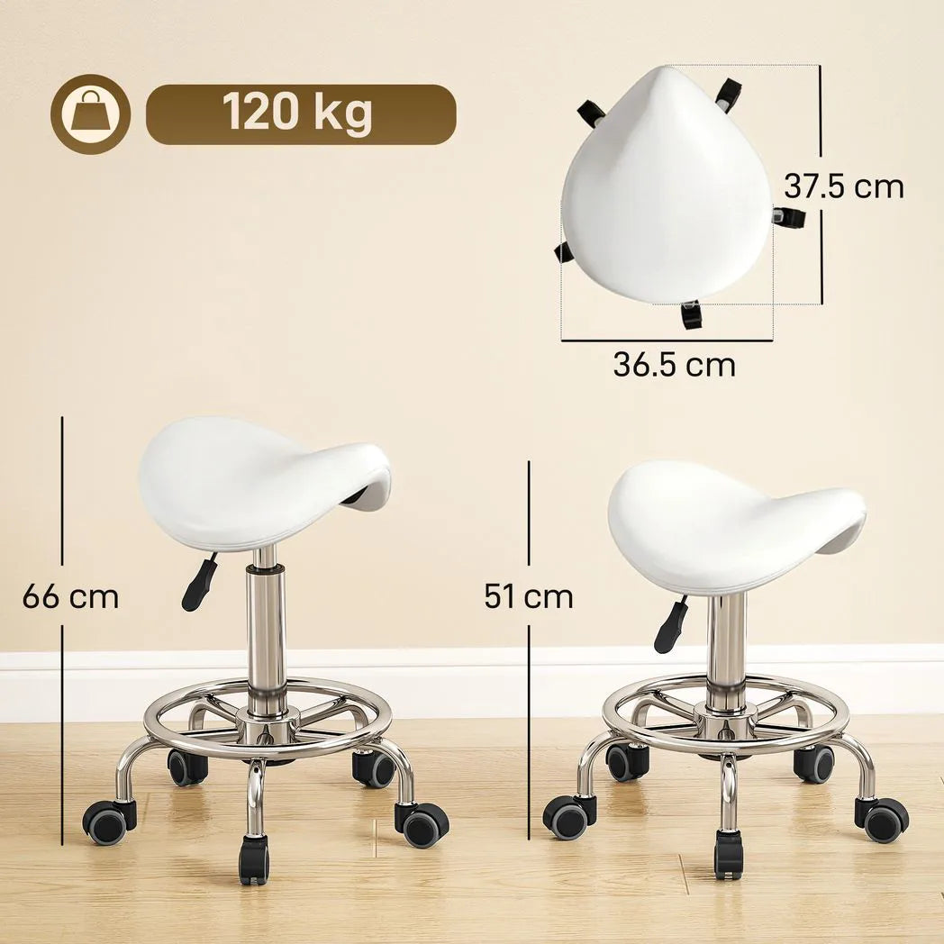 HOMCOM Salon Saddle Stool with Wheels – Adjustable Rolling Chair for Massage, Spa, Beauty and Tattoo, White
