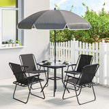 Outsunny 6 Piece Garden Dining Set for 4 with Parasol – Round Glass Table & Folding Mesh Chairs, Black