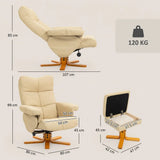 HOMCOM PU Leather Swivel Recliner Chair with Storage Footstool and Wooden Base – Living Room Armchair, Beige