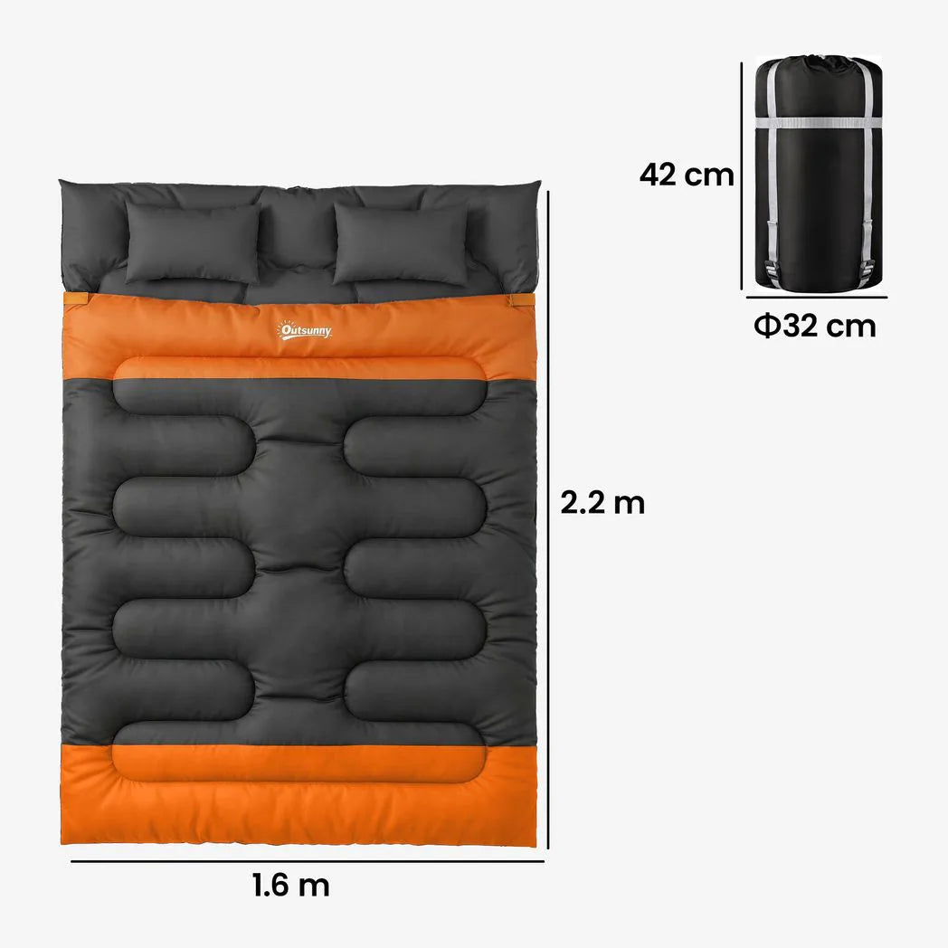 Outsunny Double Sleeping Bag with 2 Pillows – 220 x 160 cm Extra-Large Camping Bag for Adults, Grey and Orange